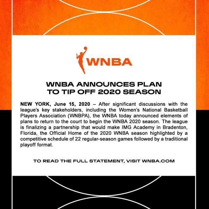 WNBA官宣将于7月下旬重启 常规赛缩减球员仍领全额薪水